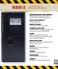 RDX-2 handheld radiation monitor front view; analog meter; detects gamma, beta, X-ray; 0–1000 μSv/h and 0–100 mR/hr.