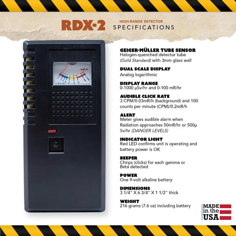 RDX-2 handheld radiation monitor front view; analog meter; detects gamma, beta, X-ray; 0–1000 μSv/h and 0–100 mR/hr.