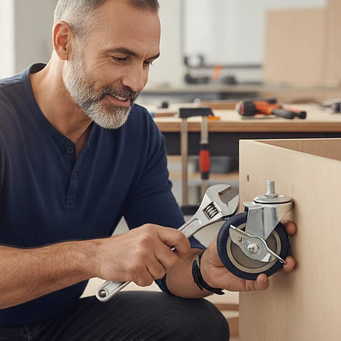 Man installing 3 Inch Swivel Caster Wheels Set Of 4 Heavy Duty 600 Lbs Capacity Non Marking Rubber Casters With Dual Wheel Brakes.