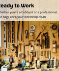 Workshop tools and accessories on wall, promoting Heavy Duty Clear Dust Collector Bags For Shop Fox W1685 W1666 W1687, Fits D4573, USA-made.