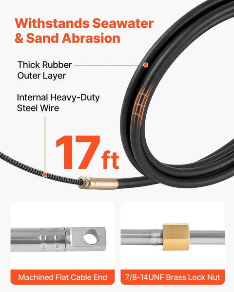 Boat Steering System Kit With 17 Ft Outboard Steering Cable And Aluminum Alloy Helm, steel wire core, machined flat cable end.