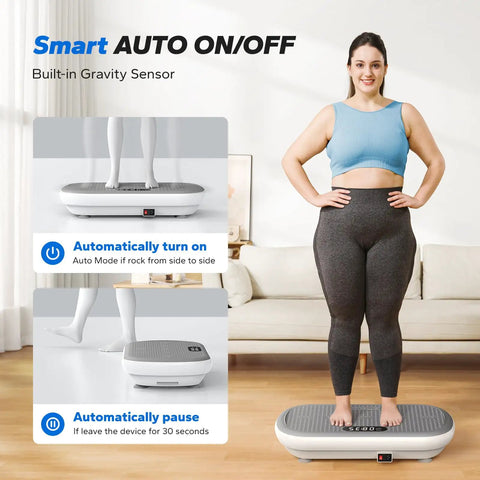 Woman using Vibration Plate Exercise Machine With Bluetooth, 440 Lbs Capacity, Silicone Pedals, for home workout.