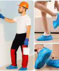 Automatic Shoe Cover Dispenser With 200 Disposable Non Slip Covers Hands Free Pedal Operated No Bending No Electricity Needed Fits Up To Size 11 US Men Keeps Floors Clean At Home Office Factory Supermarket Silver, showing blue shoe covers in use by a person painting and another putting them on.