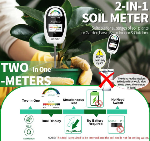 2 In 1 Soil Moisture And pH Meter With Dual Dial Readouts For Garden Lawn Farm Indoor Outdoor Plants Simultaneous Moisture And pH Testing Easy To Read Displays And Quick Results; meter shown inserted in plant soil.