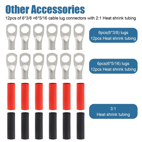 8 AWG Beefy Battery Power Cable 5ft Red And 5ft Black Flexible OFC Copper Welding Cable With Lugs Terminal Connectors And Heat Shrink Tube For Automotive Battery Inverter Boat And Generator accessories set with 6x3/8 and 6x5/16 lugs, red and black heat shrink