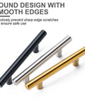Round design cabinet pulls in black, silver, and gold with smooth edges, highlight on safety, 10 Pack Matte Black Stainless Steel Cabinet Pulls With 5 Inch Overall Length And 3 Inch Center To Center Hole Spacing For Durable Kitchen And Bathroom Cabinet Hardware.