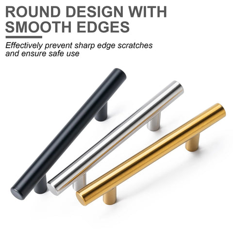 Round design cabinet pulls in black, silver, and gold with smooth edges, highlight on safety, 10 Pack Matte Black Stainless Steel Cabinet Pulls With 5 Inch Overall Length And 3 Inch Center To Center Hole Spacing For Durable Kitchen And Bathroom Cabinet Hardware.