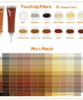 Color chart for Wood Furniture Repair Kit 28 Piece Set with Touch Up Markers and Fillers showing 12 filler options.