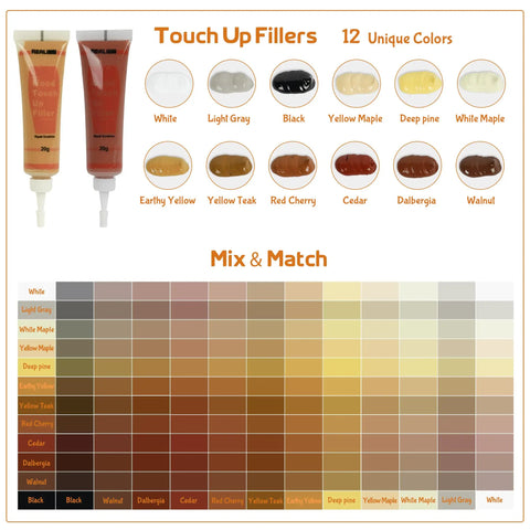 Color chart for Wood Furniture Repair Kit 28 Piece Set with Touch Up Markers and Fillers showing 12 filler options.
