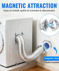 Magnetic Dryer Vent Kit with Airtight Seal and Quick Connect attached to dryer, includes 6 ply aluminum duct and 2 clamps.