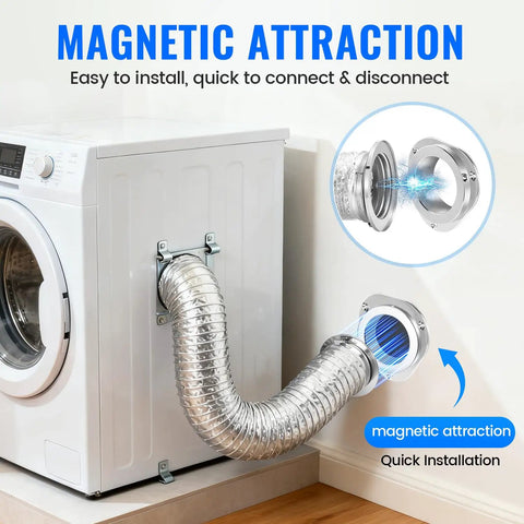 Magnetic Dryer Vent Kit with Airtight Seal and Quick Connect attached to dryer, includes 6 ply aluminum duct and 2 clamps.
