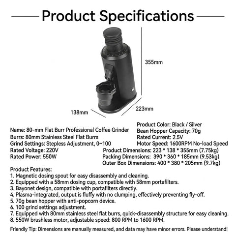 Top Tier Electric Espresso Coffee Grinder With 80MM Stainless Steel Flat Burr Yields Hella Consistent Grinds, showing detailed specifications and dimensions.