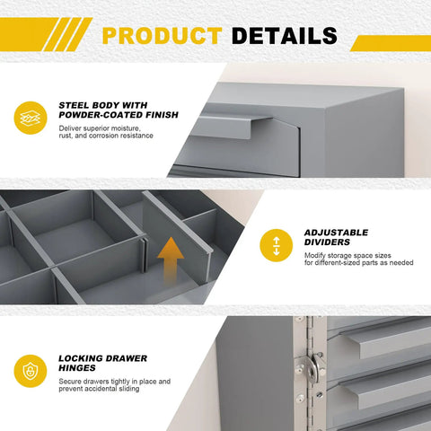Lockable 9 Drawer Steel Parts Cabinet, Fully Assembled Welded Steel Construction for Tough Job Sites, 12.8W X 11.81D X 23.7H Inches, Built Like a Tank Heavy Duty Tool Organizer for Service Truck, Garage, or Workshop, Gray showing steel body, dividers, and lock hinges