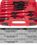 Beefy Heavy Duty Long Reach Snap Ring Pliers Set With Case 11Pc Retaining Ring Pliers Kit with red case showing arranged tools