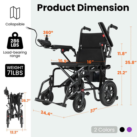 SUNDERWELL electric wheelchair, foldable, black with removable battery and joystick controls.
