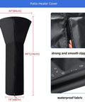 Universal Patio Heater Cover 89H X 33D X 19B Waterproof With Zipper 420D Fabric shown with dimensions and waterproof texture
