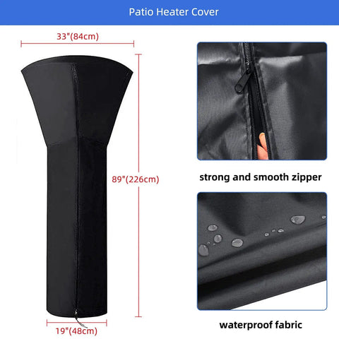 Universal Patio Heater Cover 89H X 33D X 19B Waterproof With Zipper 420D Fabric shown with dimensions and waterproof texture