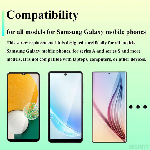 Compatibility display for Gotta Get This Straight Fire Samsung Galaxy Complete Screw Replacement Kit For A54 A53 A52s A51 A50s A42 A41 A40s A34 A33 A32 A31 A30 Series Toolkit.