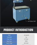 Versatile Electric Tapping Machine With Auto Oil Spraying System And Flexible 360 Degree Head on a blue workbench with features highlighted.