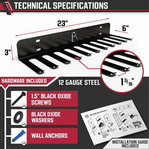 Technical specifications of Heavy Duty Wall Mount Gym Storage Rack with 9 or 11 hooks, steel black powder coat, 23-inch length.