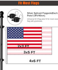 Diagram showing Six Foot Black Stainless Steel Flag Pole Kit with 360 Degree Anti Wrap Ring, fits various flag sizes.