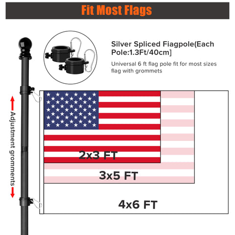 Diagram showing Six Foot Black Stainless Steel Flag Pole Kit with 360 Degree Anti Wrap Ring, fits various flag sizes.