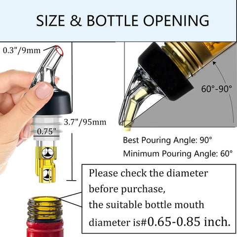 3 Pack Measured Pour Spouts For Alcohol, Shot Pourers For Cocktails And Liquor, Dispenser Bar Bartending Tool, Precise 1.5 Oz 45 Ml Pour, Perfect For Home Bar Or Pro Grade Commercial Use, size chart with bottle opening and pouring angle