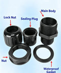 Rock Solid PA66 Nylon Corrugated Conduit Fitting Metric M Screw On Connector parts including lock nut, sealing plug, main body, and waterproof gasket.