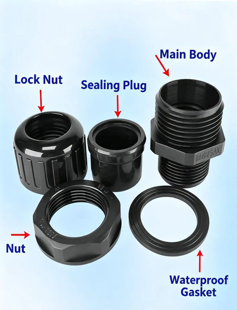 Rock Solid PA66 Nylon Corrugated Conduit Fitting Metric M Screw On Connector parts including lock nut, sealing plug, main body, and waterproof gasket.