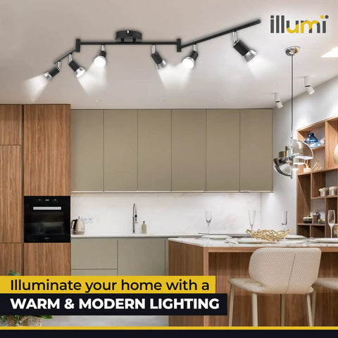 Flexible Ceiling Track Lighting Kit With Six Spot Lights And Seven LED GU10 Bulbs Included Rotatable Arms And Adjustable Heads Lit 5000K Daylight Perfect For Living Room Kitchen And Office Modern Warm Glow installed in modern kitchen