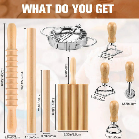 9 Piece Gnocchi And Pasta Making Set With Gnocchi Board, Pasta Cutter, Ravioli Stamp, Rolling Pin, Dumpling Makers And Noodle Tools.