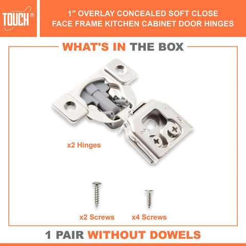 Soft Close Concealed Cabinet Hinges for Face Frame Cabinets 1 Inch Overlay 3D Adjustable with Screws Quiet Kitchen Door Hinge Set Pair for Smooth Noise Free Closings by TOUCH, showing the hinges and screws included in the box.