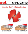 Diagram showing Freud Quadra-Cut 4 cutter design with up and down shear cuts for Pro-Grade Raised Panel Router Bit For Cabinet Doors And Drawer Fronts, 3-1/2 Inch Diameter, 1/2 Inch Shank, 7/32 Inch Height, 25/32 Inch Radius, Splinter-Free Edge For Hardwood And Softwood, Perfect For Paneling And Decorative DIY Projects.