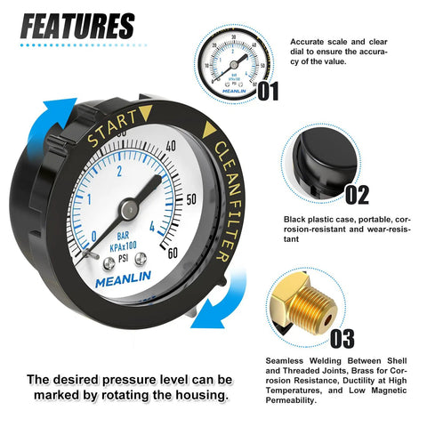 Start and Clean Filter Pressure Gauge for Pool, Spa, Aquarium Pros and DIYers with Two Inch Dial, Plastic Frame