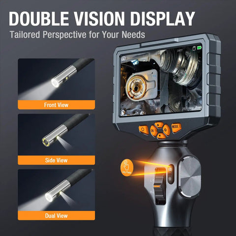 Articulating Borescope Pro Grade With Dual Lens Endoscope For Automotive Inspections, Five Inch IPS Display showing dual views.