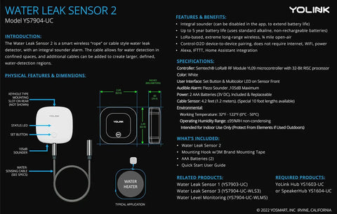 Smart Water Leak Sensor With One Quarter Mile LoRa Range 105dB Siren Two Year Battery Life No WiFi Needed Device To Device Pairing For Reliability Rope Style Sensing Cable Included Compatible With Alexa And IFTTT diagram and features.