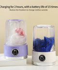 Portable Cordless Laundry Washer With 3000Mah Battery No Sweat Operation For Dorm Rooms And Campout Adventures Hospital Grade Deep Clean Clothes Machine In White with purple accents, showing clothes being washed.