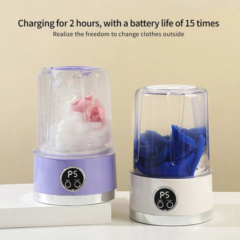 Portable Cordless Laundry Washer With 3000Mah Battery No Sweat Operation For Dorm Rooms And Campout Adventures Hospital Grade Deep Clean Clothes Machine In White with purple accents, showing clothes being washed.