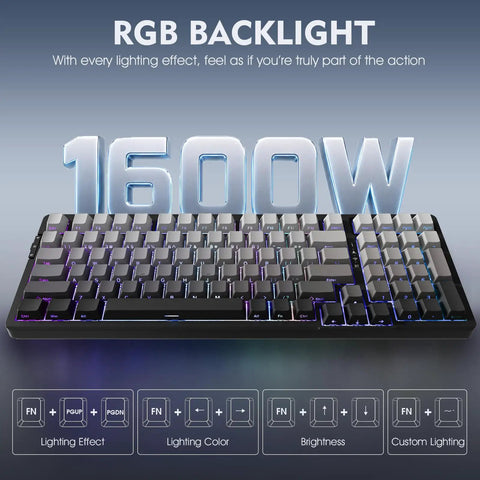 Premium Tri Mode Wireless Gaming Keyboard With Bluetooth And 2.4Ghz Support Plus Steady Usb C Wired Option For Quick Five Device Pairing showing RGB backlight features.