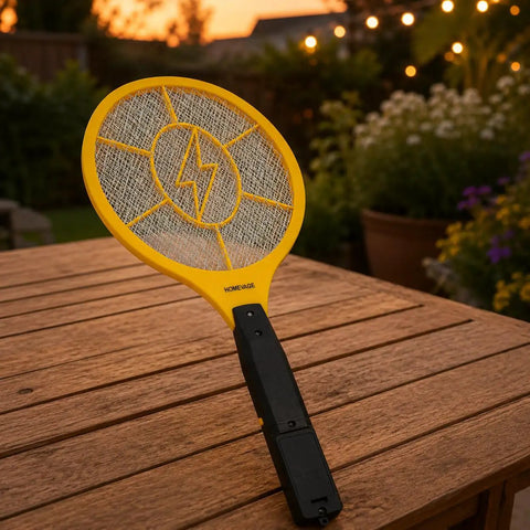 Powerful Handheld Bug Zapper for Home and Outdoors on wooden table, 3-layer grid, yellow plastic, battery-powered, outdoor evening setting