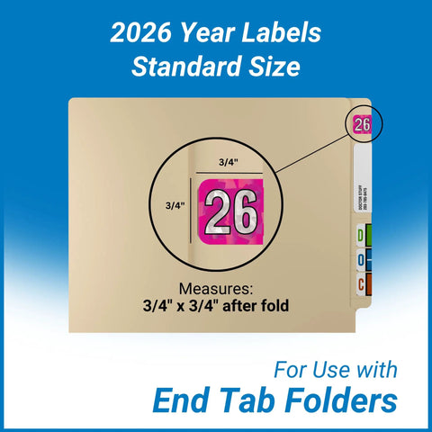2026 Year Stickers for End Tab File Folders Holographic Fuchsia Chart Labels USA Made Three Quarter Inch By One And A Half Inch 500 Labels Per Roll Self Adhesive Year Labels PMA Series Compatible Xtra Durable Medical Records on folder