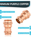 30 Pack Heavy Duty Copper Press Fit Coupling Reducer 1 1 2 Inch By 3 4 Inch Plumbing Connector close-up showing premium purple copper material.