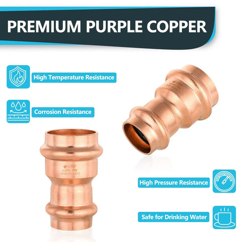 30 Pack Heavy Duty Copper Press Fit Coupling Reducer 1 1 2 Inch By 3 4 Inch Plumbing Connector close-up showing premium purple copper material.