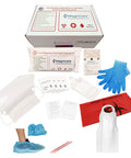 Bodily fluid cleanup kit with Magnicare branding, blue disposable gloves, red biohazard bag, and PPE items.