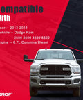 Front view of a Dodge Ram truck compatible with 6.7L Diesel Fuel Filter Water Separator And Oil Filter Set for 2013-2018 models.