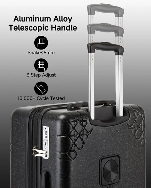Expandable 20 Inch Carry On Luggage With Shock Absorbing Braking Spinner Wheels, Moon And Star Design Shell, TSA Lock, Handle Detail