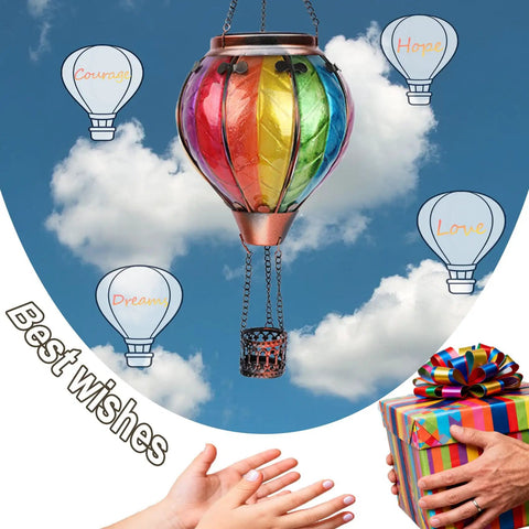 Two Pack Hot Air Balloon Solar Lanterns With Metal Shepherds Hook For Outdoor Pathway Lighting Garden Decor And Cozy Flickering Flame Glow, gift hands