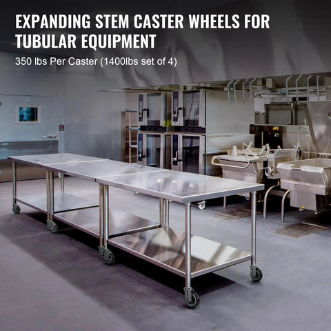Grit Proof Heavy Duty Expanding Stem Casters Set Of Four For Standard One Inch Tube Legs Quiet Polyurethane Prep Table Wheels For Commercial Kitchen Carts And Everyday Hustle on stainless steel table.