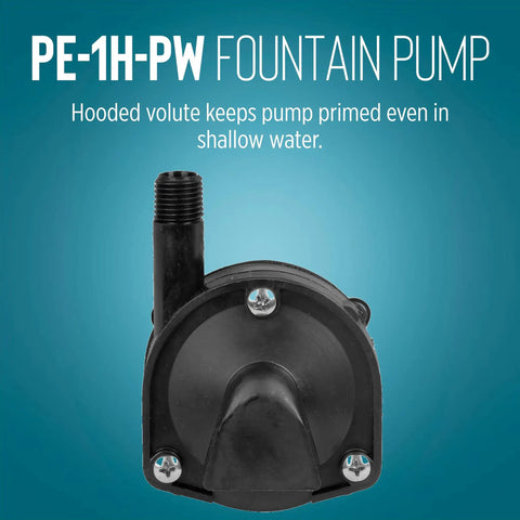 Tiny But Mighty Submersible Fountain Pump 115V 0.008 HP with hooded volute, shown primed for shallow water use.