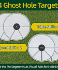 Ghost Hole Putting Targets 4 Pack Official Size 4.25 Inch Flat Discs for Putting and Chipping Practice Indoors or Outdoors Waterproof Material Includes Carrying Case with Triple and Quad Split Designs on Grass Background